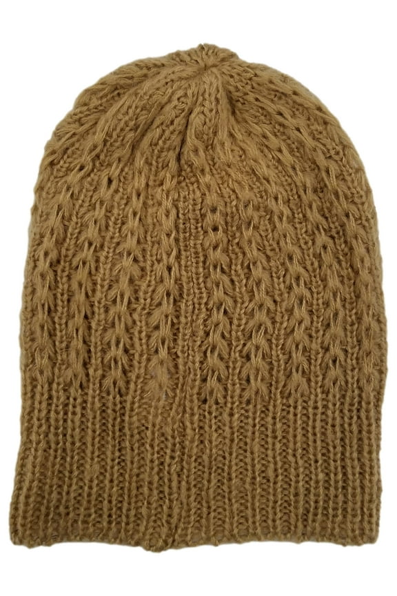 Womens Soft Loose Knit Tan Brown Beanie Stocking Cap Hat