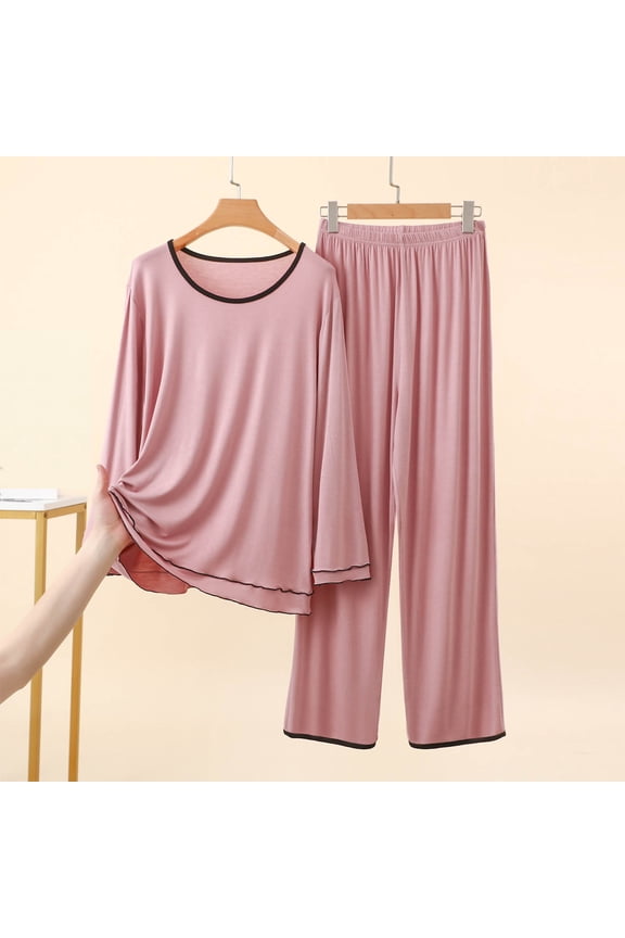 Womens Soft Loungewear Outfits, Crew Neck Long Sleeve Top Wide Leg Pants, Comfortable Two Piece Home Pajama Set Orange XXL