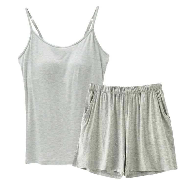 White Shelf Bra Cami Pajamas Womens Soft Modal Pajamas Set Piece