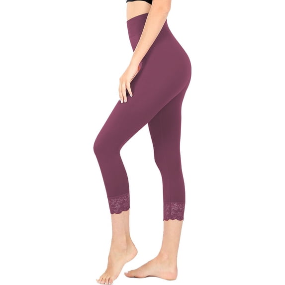 Womens Soft Nylon Lace Trim Capri Leggings
