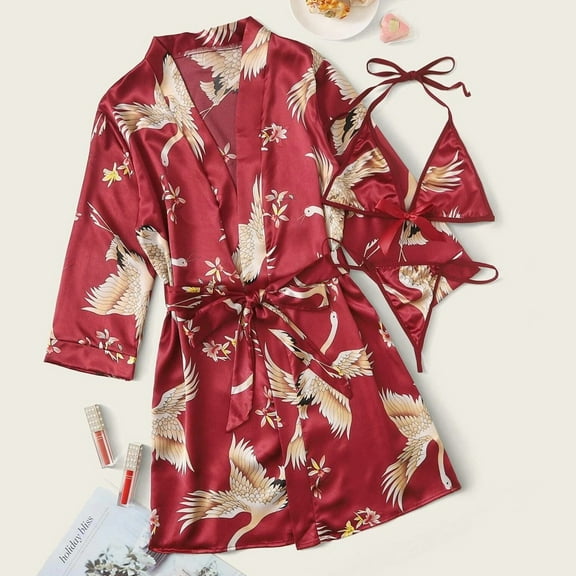 Womens Soft Pajama Clearance- Bathrobes Silk Satin Printed Sexy Plus Size Robe Sleepwear Wine Size XL