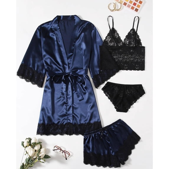 Womens Soft Pajama Clearance- Lace Silk Satin Bathrobes Sexy Plus Size Robe Sleepwear Blue Size 2XL