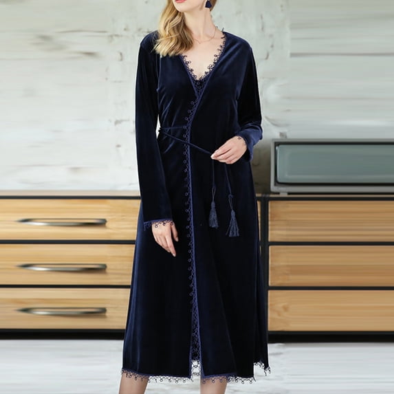 Womens Soft Pajama Clearance- Long Sleeve Sexy Bathrobes Silk Satin Plus Size Robe Sleepwear Navy Size L