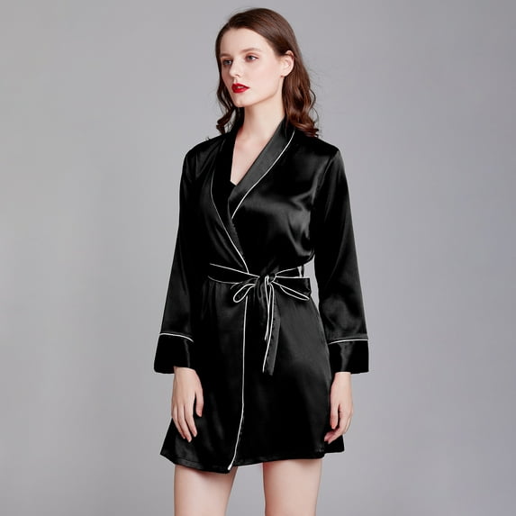 Womens Soft Pajama Clearance- Sexy Bathrobes Silk Satin Plus Size Robe Sleepwear Black Size M