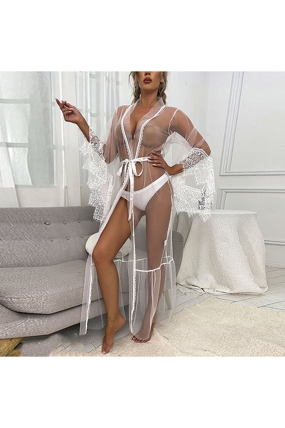Womens Soft Pajama Clearance- Sexy Lace Bathrobes Silk Satin Plus Size Robe Sleepwear White Size M