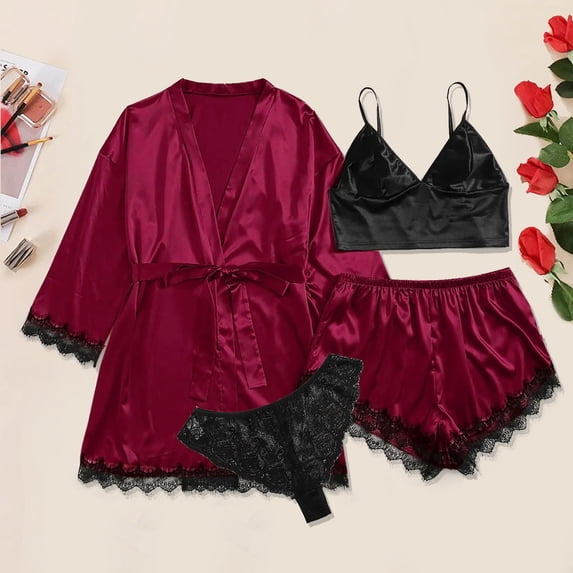 Womens Soft Pajama Clearance- Silk Satin Bathrobes Lace Sexy Plus Size Robe Sleepwear Red Size S