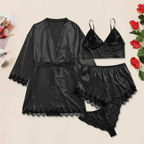 Womens Soft Pajama Clearance- Silk Satin Sexy Lace Bathrobes Plus Size Robe Sleepwear Black Size XL