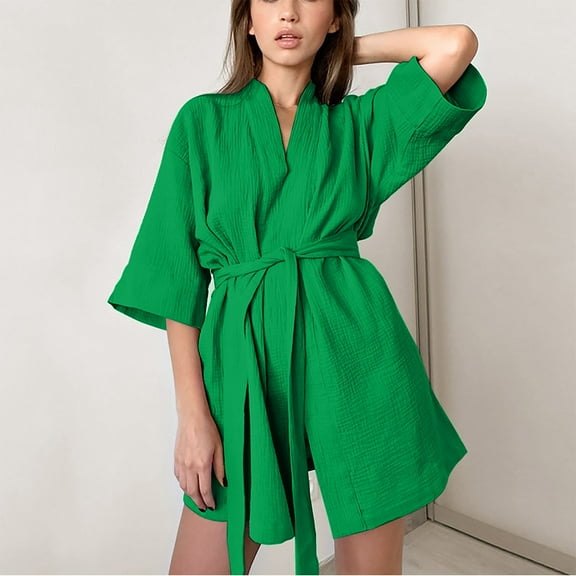 Womens Soft Pajama Clearance- Solid Color Sexy Silk Satin Bathrobes Plus Size Robe Sleepwear Green Size S