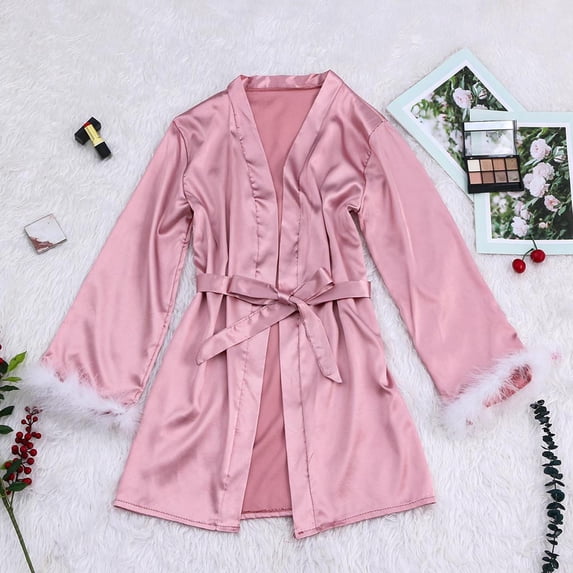 Womens Soft Pajama Clearance- Solid Color Silk Satin Sexy Bathrobes Plus Size Robe Sleepwear Pink Size S