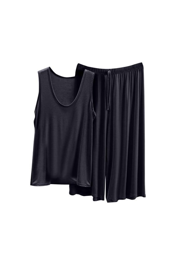 Womens Soft Pajamas Sets Capris, Sleeveless Tank Tops with Cropped Pants Loungewear Suits, Solid Color Homewear Ladies Travel Outfits Dark Gray 3XL