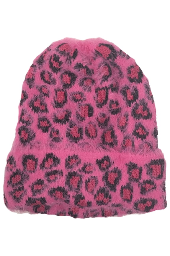 Womens Soft Pink & Black Leopard Print Beanie Cuffed Stocking Cap Hat