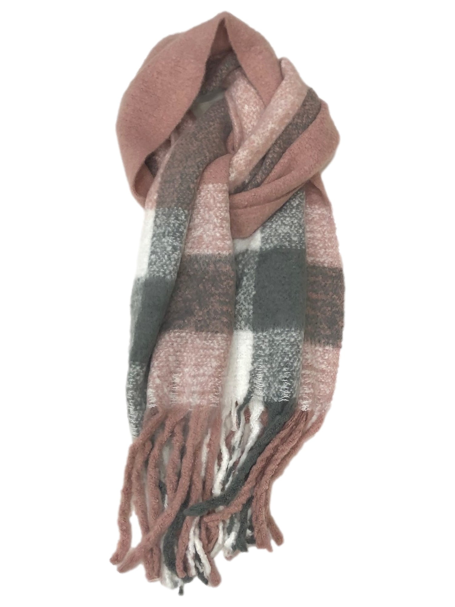 Womens Soft Pink Gray White Plaid Checkered Fringe Blanket Scarf