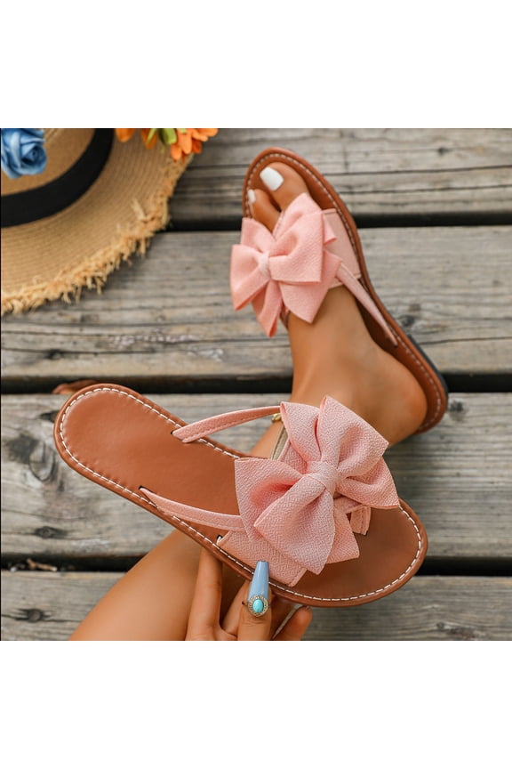 Womens Soft Pink Slide Sandals with Bow | Flat Casual Comfortable Fabric Sandals | Lightweight Summer Slip-On Shoes for Women,Size 36