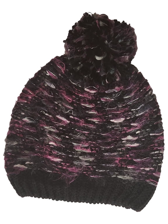 Womens Soft Plush Black & Purple Pom Beanie Stocking Cap Hat