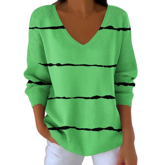 Womens Soft Pullover Sweaters Plus Size Long Sleeve Striped Sweatshirts V Neck Casual Loose Tops Lounge Wear, 5XL Green