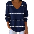 thumbnail image 1 of Womens Soft Pullover Sweaters Plus Size Long Sleeve Striped Sweatshirts V Neck Casual Loose Tops Lounge Wear, M Navy, 1 of 6