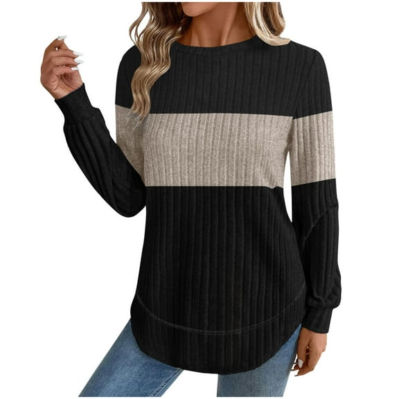 Womens Soft Ribbed Knit Sweatshirts Long Sleeve Color Block Pullover Tops Lightweight Cozy Sweaters Casual Fall Outfits