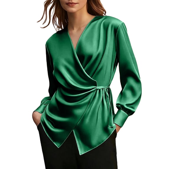 Womens Soft Satin Silk Button Down Shirts for Women Silky Long Sleeve Work Shirt Dressy Blouses Tops Green S(S)