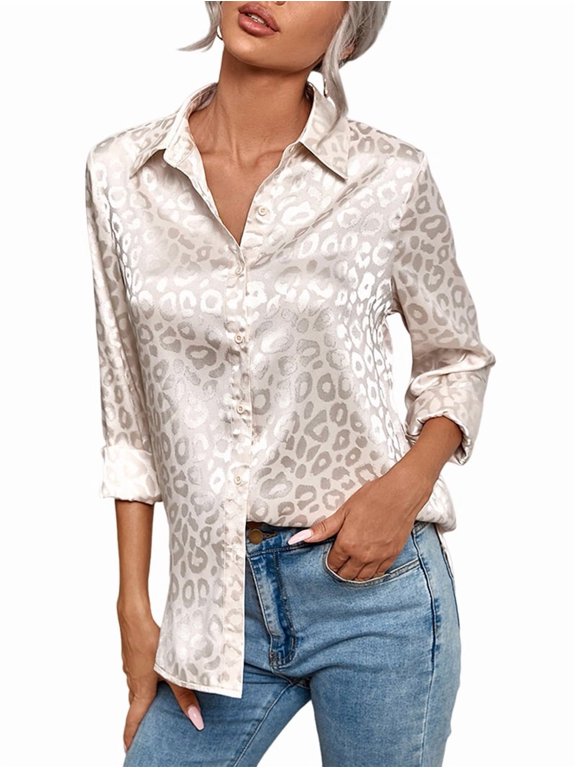 Womens Soft Satin Silk Leopard Button Down Shirts Silky Long Sleeve Work Shirt Dress Blouses Tops Color XL