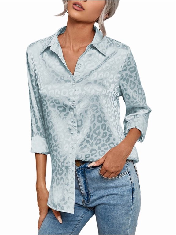 Womens Soft Satin Silk Leopard Button Down Shirts Silky Long Sleeve Work Shirt Dress Blouses Tops Light Green XL