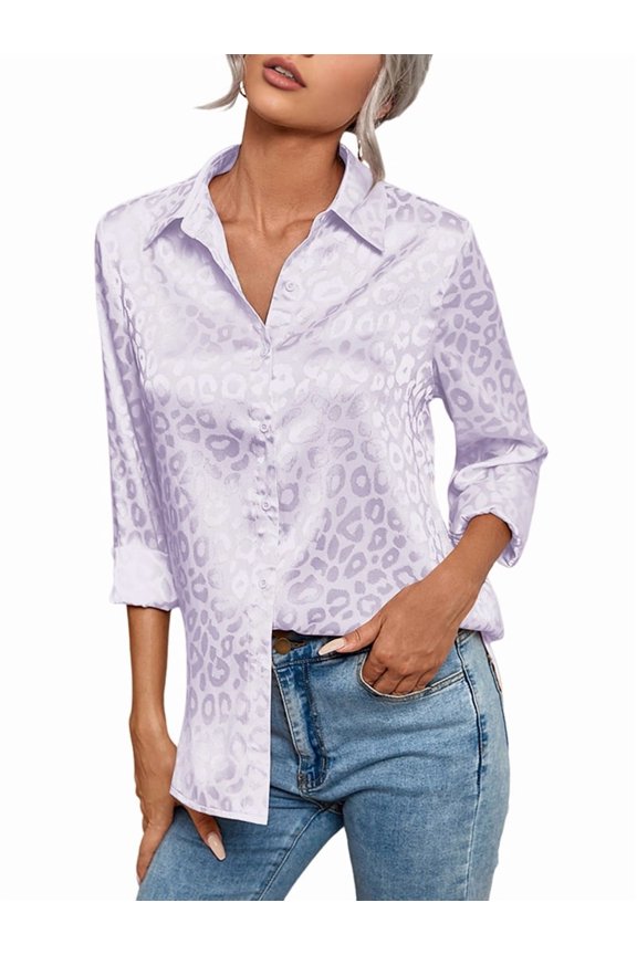 Womens Soft Satin Silk Leopard Button Down Shirts Silky Long Sleeve Work Shirt Dress Blouses Tops Light XL