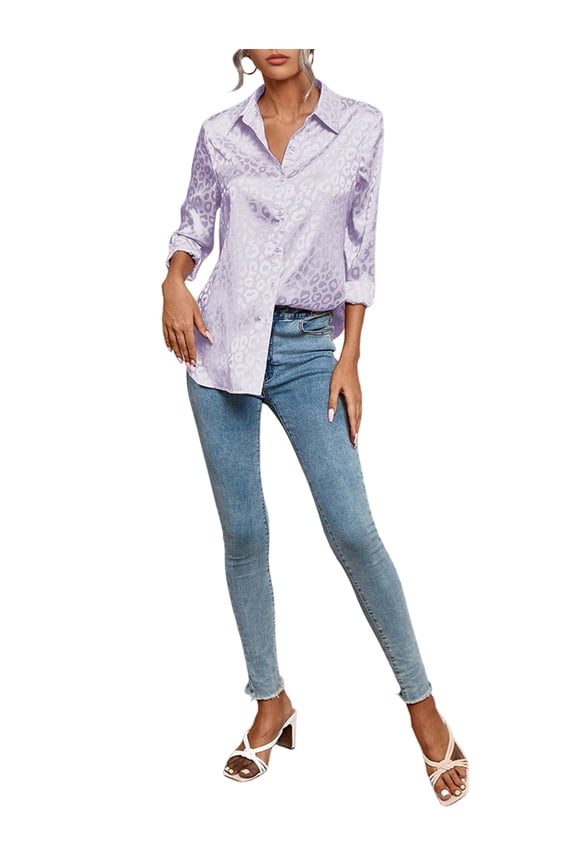 Womens Soft Satin Silk Leopard Button Down Shirts Silky Long Sleeve Work Shirt Dress Blouses Tops Light XXL