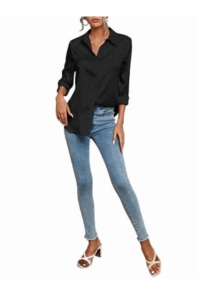 Womens Soft Satin Silk Leopard Button Down Shirts for Women Silky Long Sleeve Work Shirt Dress Blouses Tops Black S