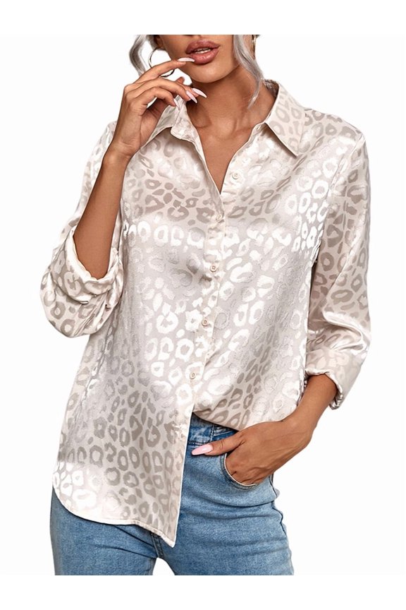 Womens Soft Satin Silk Leopard Button Down Shirts for Women Silky Long Sleeve Work Shirt Dress Blouses Tops Color S