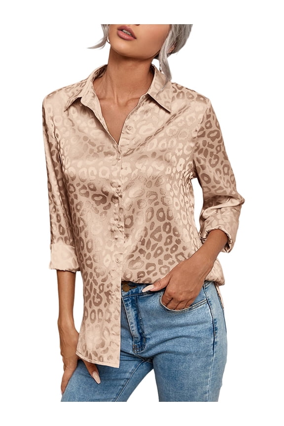 Womens Soft Satin Silk Leopard Button Down Shirts for Women Silky Long Sleeve Work Shirt Dress Blouses Tops Khaki S