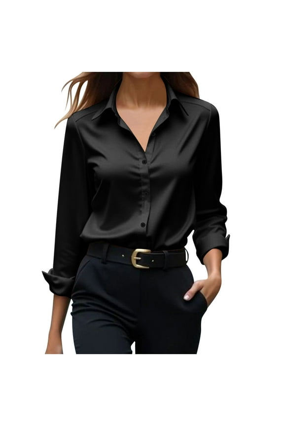 Womens Soft Satin Silk Solid Color Button Down Shirts for Women Silky Long Sleeve Work Shirt Dress Blouses Tops