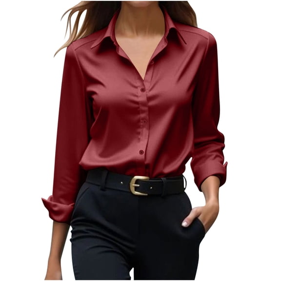 Womens Soft Satin Silk Solid Color Button Down Shirts for Women Silky Long Sleeve Work Shirt Dress Blouses Tops