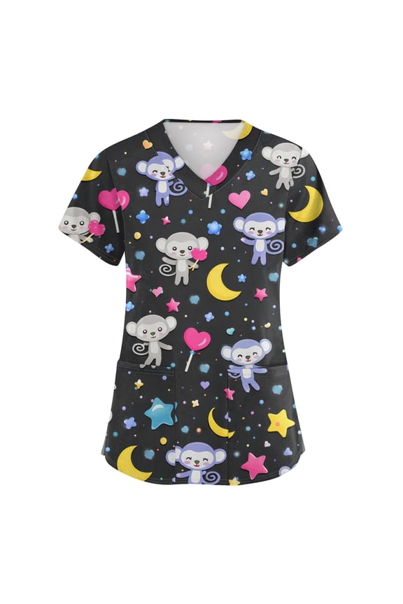 Womens Soft Scrub Tops Cute Animal Print Lightweight V Neck Short Sleeve Medical Working Uniform with Pocket
