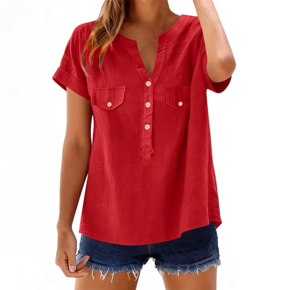 Womens Soft Short Sleeve 2026 Spring T-shirts Casual Cotton Linen Lightweight Half Button Up Henley Blouse