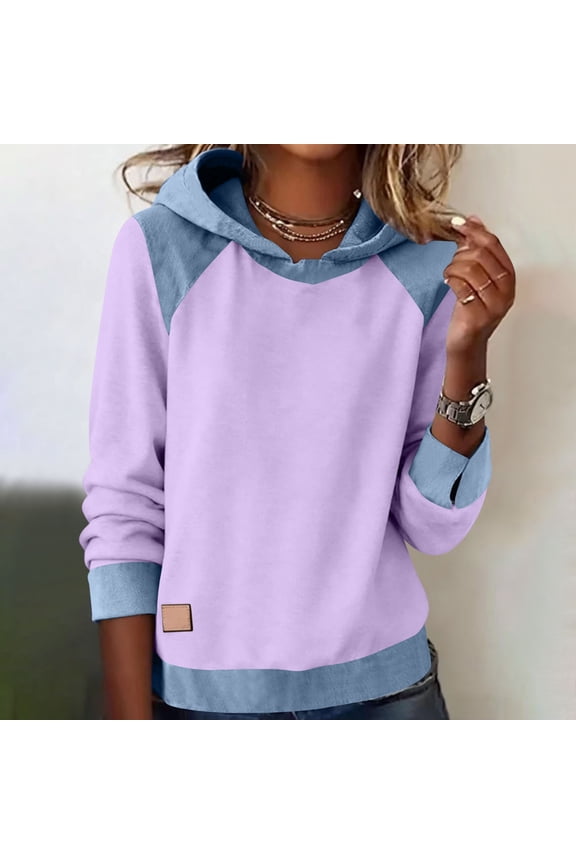 Womens Soft Stretch Color Block Hoodie – Pullover Sweatshirt with Raglan Sleeve & Faux Faux Leather Patch, Casual Lounge Top S-XXL,Size S