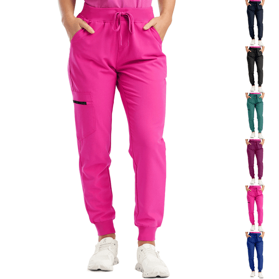 Womens Soft Stretch Jogger Scrub Pants 2026 Yoga Style Slim Drawstring Medical Nursing Scrubs with Cargo Pockets Hot Pink L