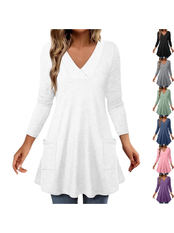 Womens Soft Stretch Long Sleeve Tunic Tops V Neck Flowy A-Line Swing Shirts Side Cozy Casual Fall Blouses to Wear with Leggings, White, XL