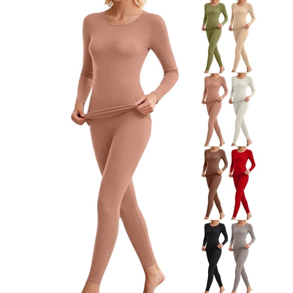 Womens Soft Stretch Thermal Set,2 Piece Crew Neck Top and Long Pant,Lightweight Basic Warm Winter Pajamas
