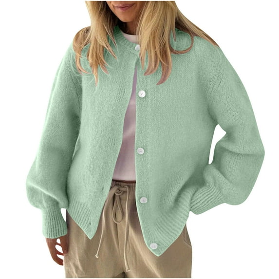 Womens Soft Sweaters, Sweater Cardigans for Women, Ribbed Cuffs Hem Crewneck Button Down Knit Outerwear Coat (L, Mint Green)