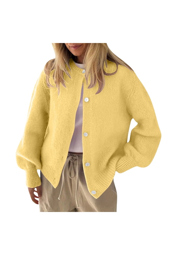Womens Soft Sweaters, Sweater Cardigans for Women, Ribbed Cuffs Hem Crewneck Button Down Knit Outerwear Coat (XL, Yellow)
