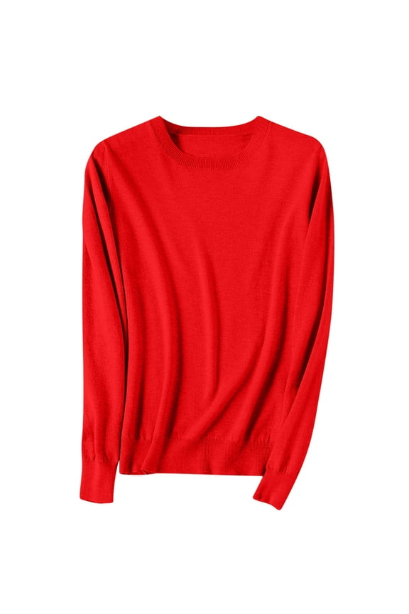 Womens Soft Sweaters Tops Crewneck Cotton Knit Base Pullover Solid Color Long Sleeve Casual Fall Winter Clothes (L, Red B)