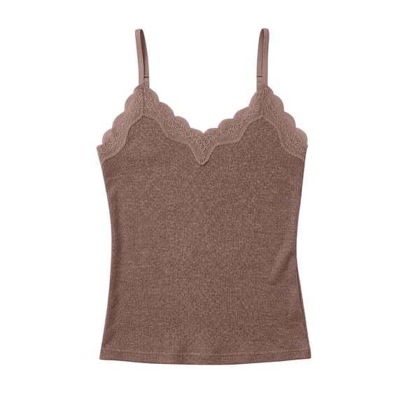 Womens Soft Tank Tops with Built in Bra Cami Women Cute Lace Shirts Summer Adjustable Spaghetti Straps Camisole Women Ribbed Breathable Cami Tanks Beach Travel Outfits, Coffee 3XL