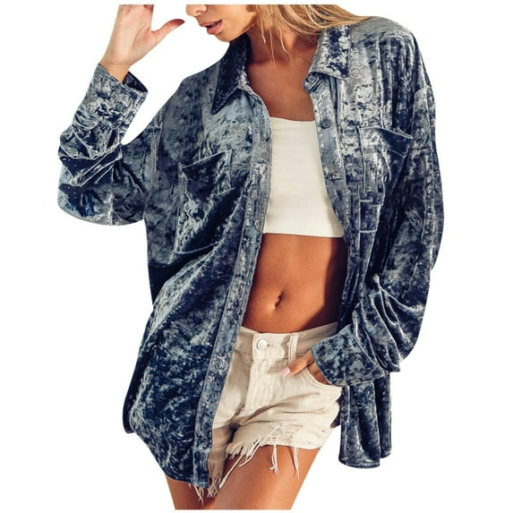 Womens Soft Velvet Shirt Jacket Chest Pockets Long Sleeve Lapel Collar Button Down Flannels Vintage Outfit Outwear (Medium, Light Blue)