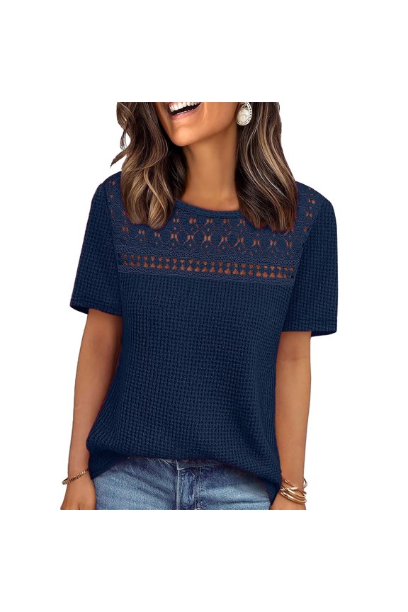 Womens Soft Waffle Knit Tunic - Solid Crew Neck Long Sleeve Openwork Oversized Ribbed Casual Layered Breathable Lightweight Everyday Fashion Top Navy XXL