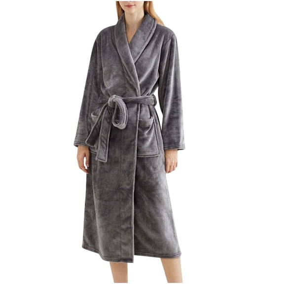 Womens Soft Warm Robe, Fleece Thick Long Sleeve Bathrobe, Unisex Fall Winter Flannel Pajamas Robes with Pockets Gray M