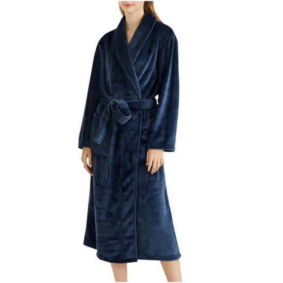 Womens Soft Warm Robe, Fleece Thick Long Sleeve Bathrobe, Unisex Fall Winter Flannel Pajamas Robes with Pockets Navy XL