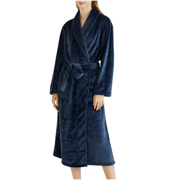 Womens Soft Warm Robe, Fleece Thick Long Sleeve Bathrobe, Unisex Fall Winter Flannel Pajamas Robes with Pockets Navy XXL