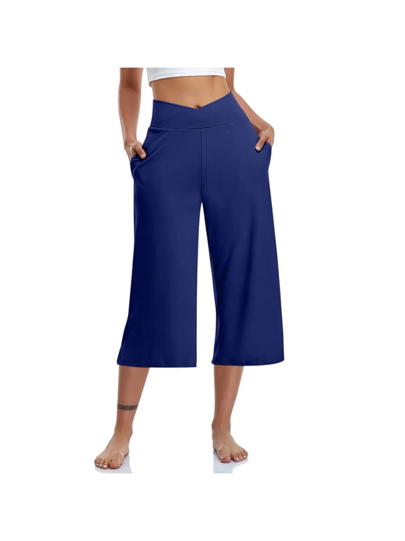 Womens Soft Yoga Pants Yoga Capris With Pockets for Casual Stretch High Waisted Yoga Comfy Wide Leg Pants Leggings for Women Running Gym and Workout