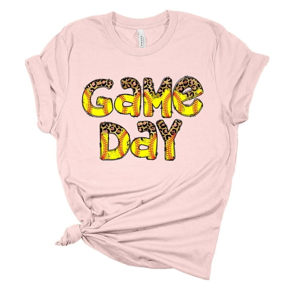 Womens Softball Tshirt Game Day Leopard Softball Mom Short Sleeve T-shirt-Soft Pink-medium