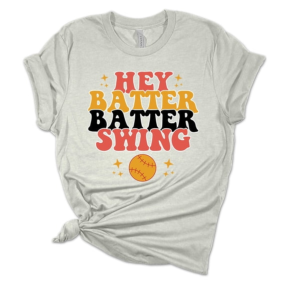 Womens Softball Tshirt Hey Batter Batter Swing Softball Mom Short Sleeve T-shirt-Athletic Heather-small