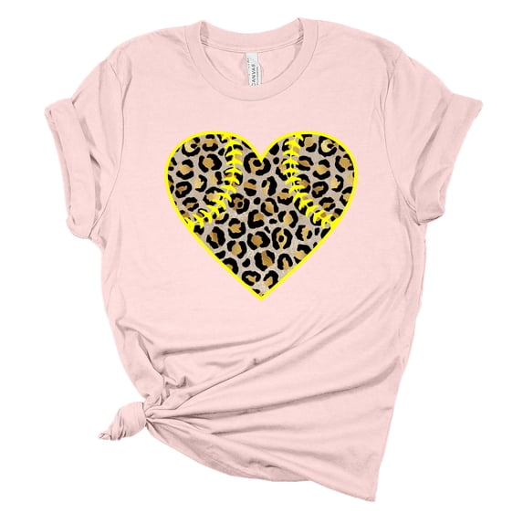Womens Softball Tshirt Leopard Heart Softball Mom Short Sleeve T-shirt-Soft Pink-medium